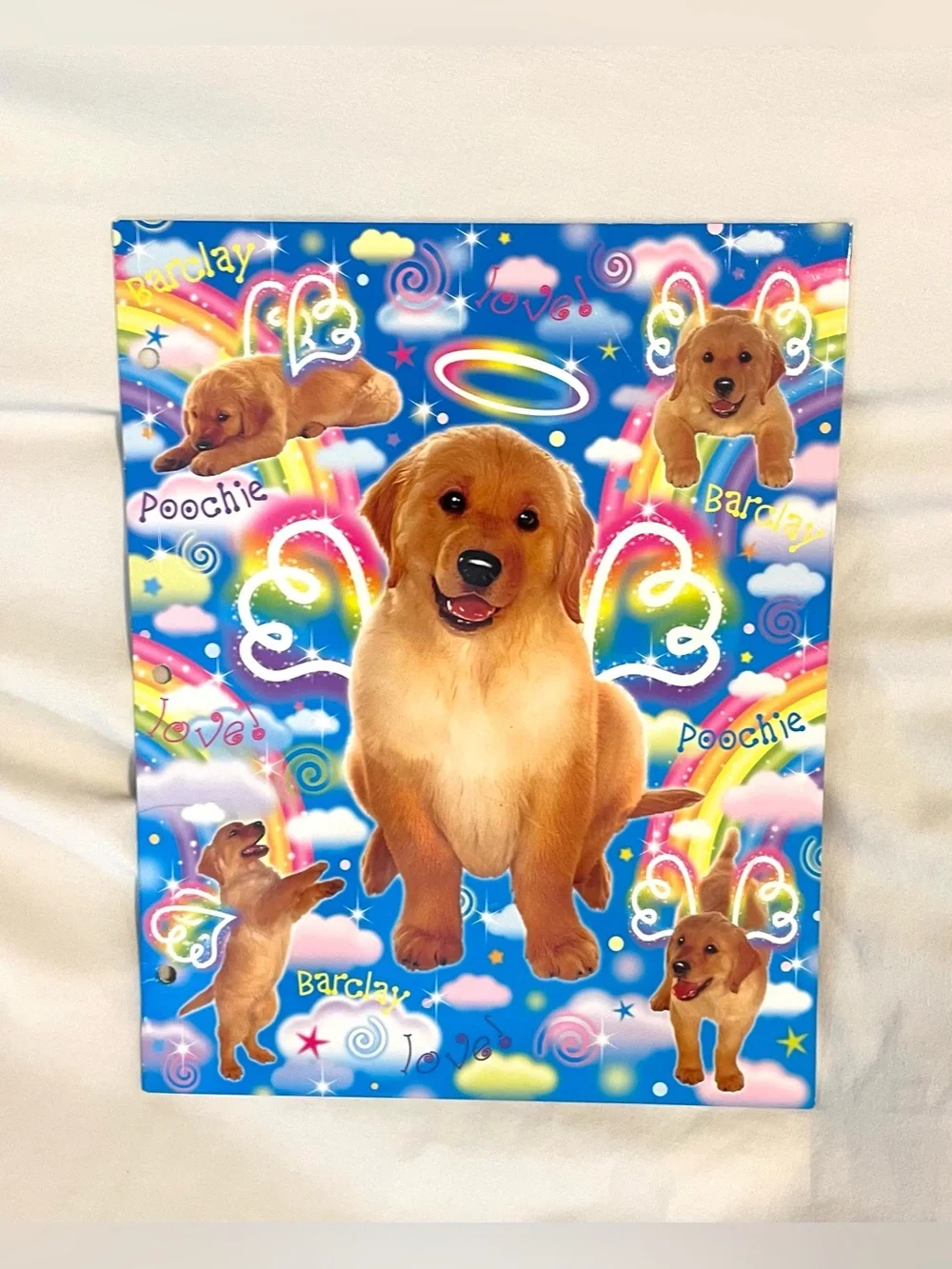 *VINTAGE* Lisa FRANK 2 Pocket Folder for 3-Ring Binder - Rainbow/Dogs/Hearts